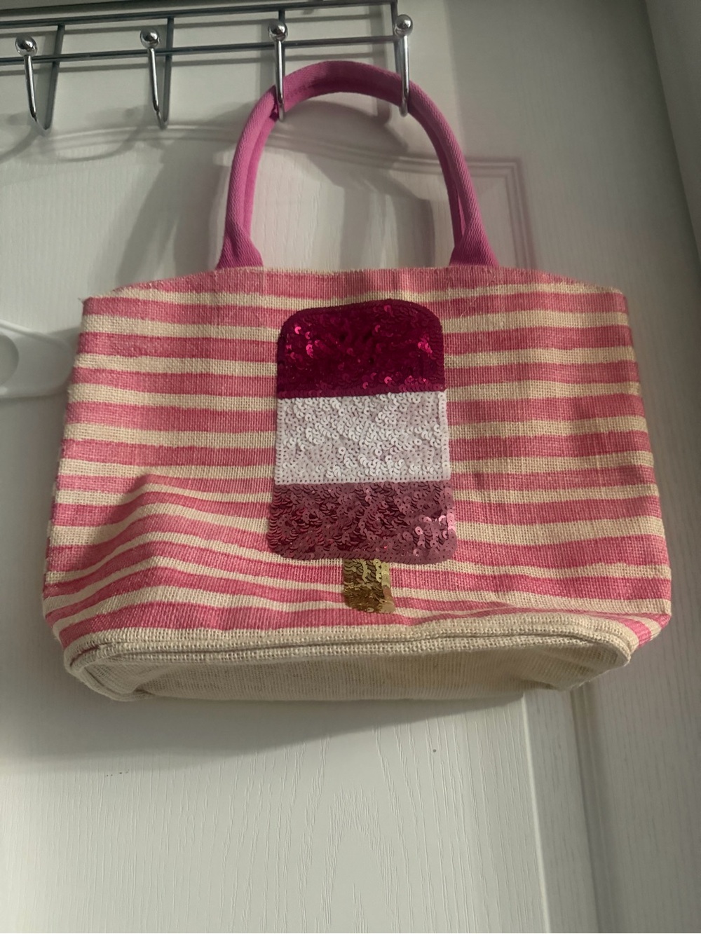 Mud Pie Pink & Cream Striped Tote with Sequin Popsicle Accent